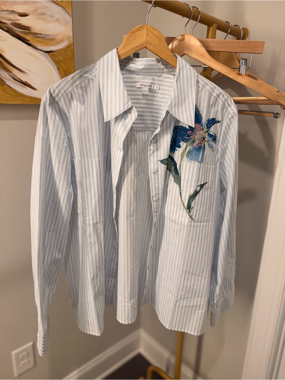 Chico's Light Blue & White Striped Button-Down with Blue Floral Appliqué